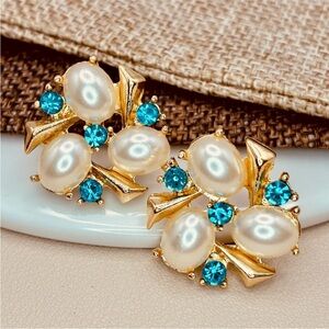 Free People Elegant Gold & Pearl with Blue CZ Stones Accents Statement Earrings